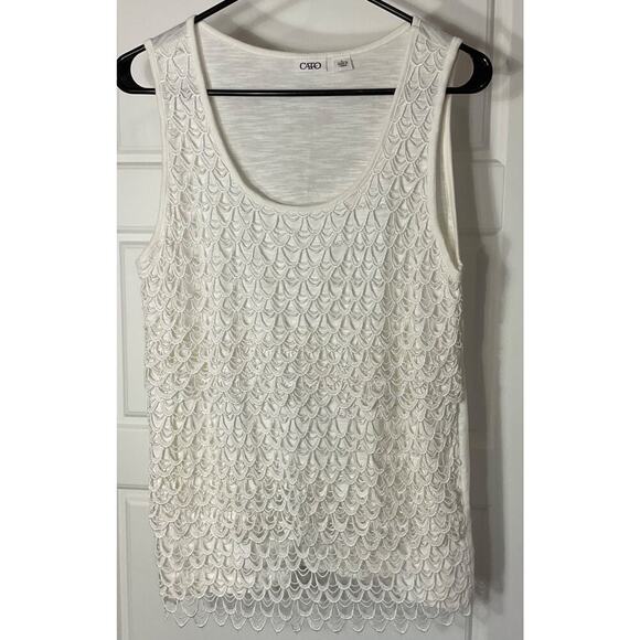 Cato Tops - Cato Bone Crochet Tiered Scallop Scoop Neck Tank L